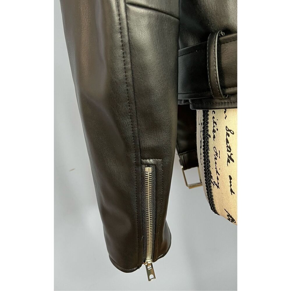 Zara US Medium Black Faux Leather Motorcycle Moto Jacket Pockets - Picture 8 of 13